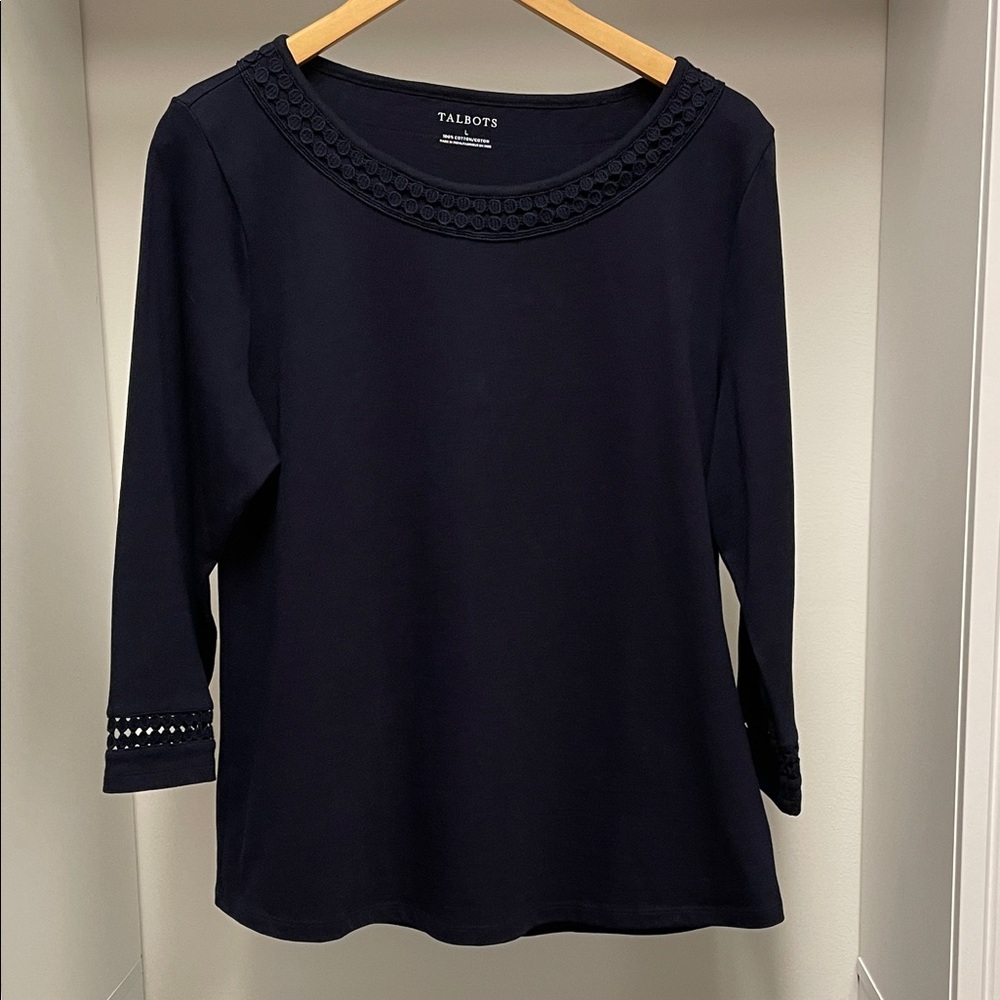 Talbots Navy Long Sleeve Top with Crochet Detail 100% Cotton Size L